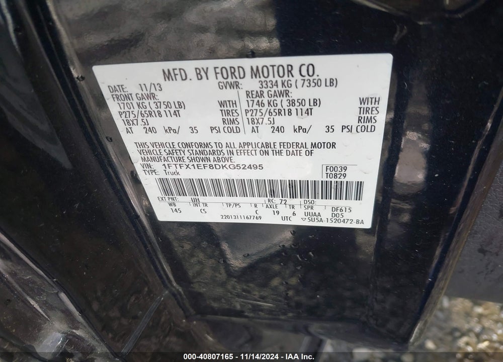 2013 FORD F-150 FX4/LARIAT/STX/XL/XLT VIN: 1FTFX1EF8DKG52495