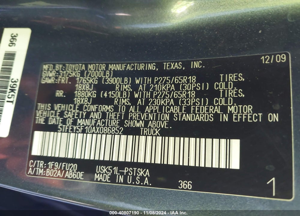 2010 TOYOTA TUNDRA CREWMAX SR5 VIN: 5TFEY5F10AX086852
