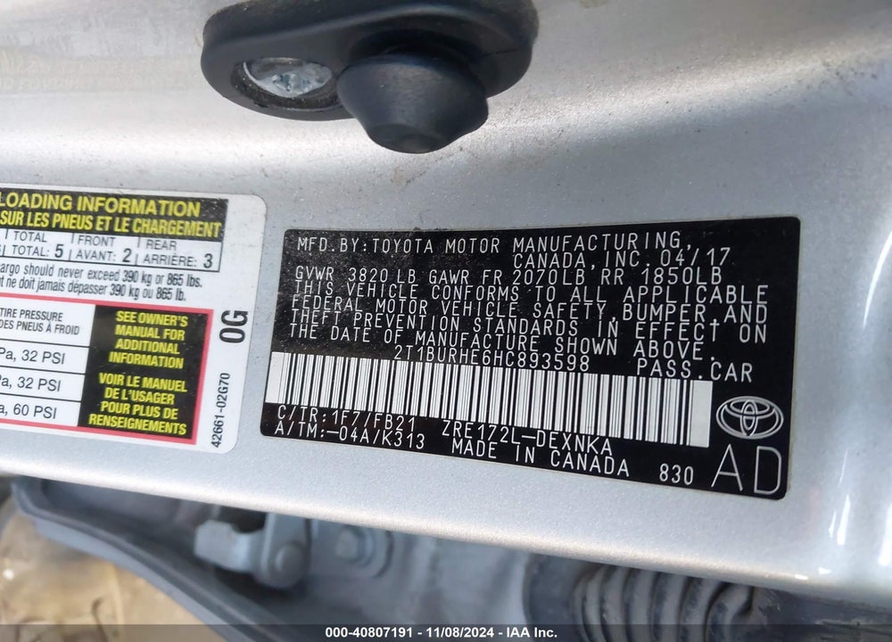 2017 TOYOTA COROLLA LE VIN: 2T1BURHE6HC893598