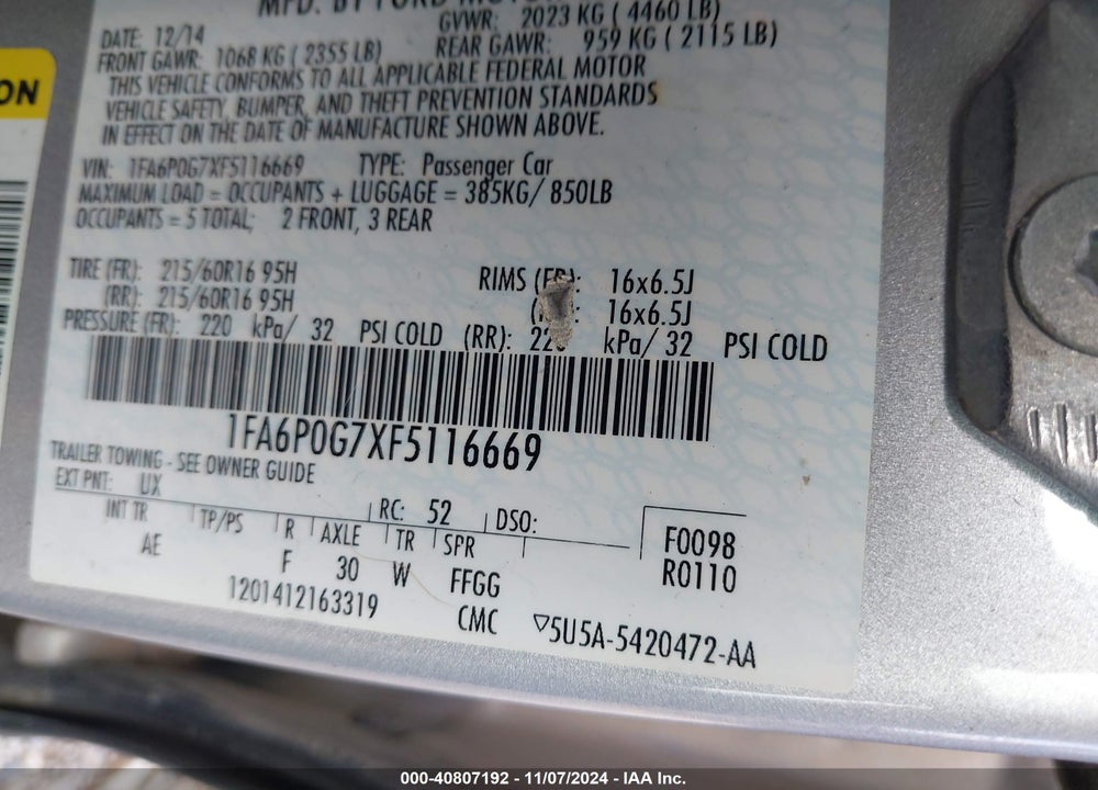 2015 FORD FUSION VIN: 1FA6P0G7XF5116669