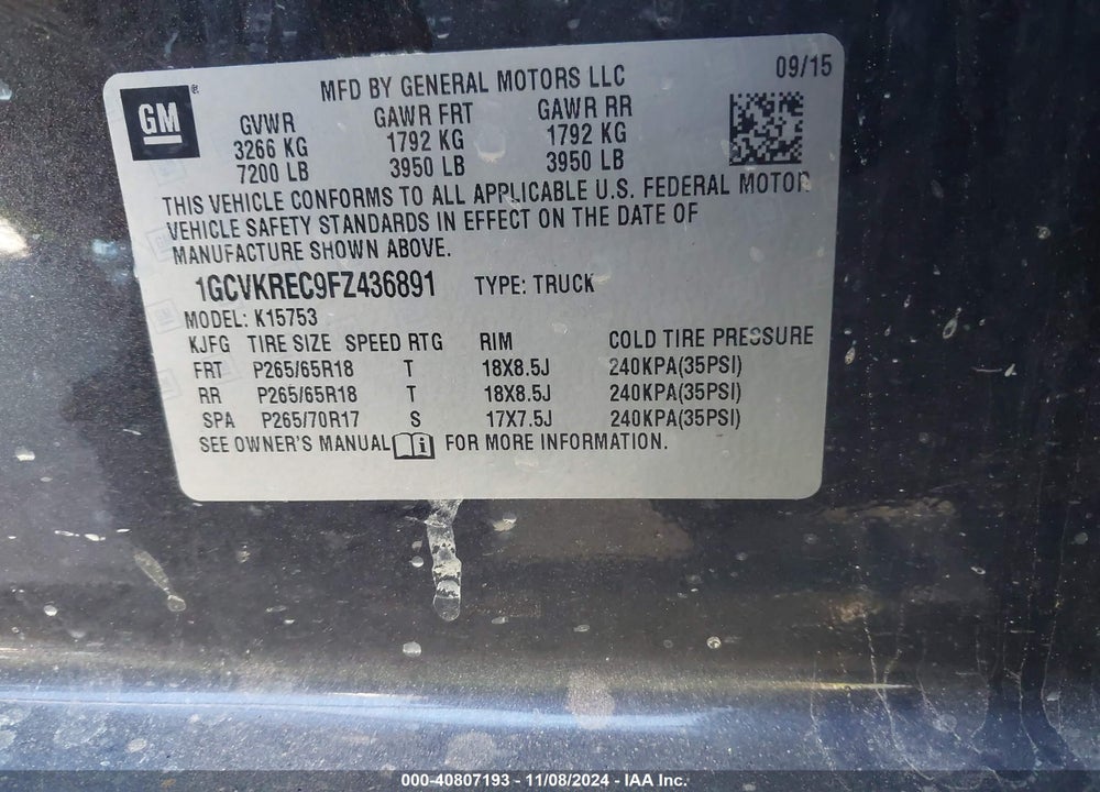2015 CHEVROLET SILVERADO 1500 2LT VIN: 1GCVKREC9FZ436891