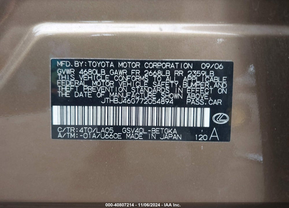 2007 LEXUS ES 350 VIN: JTHBJ46G772054894