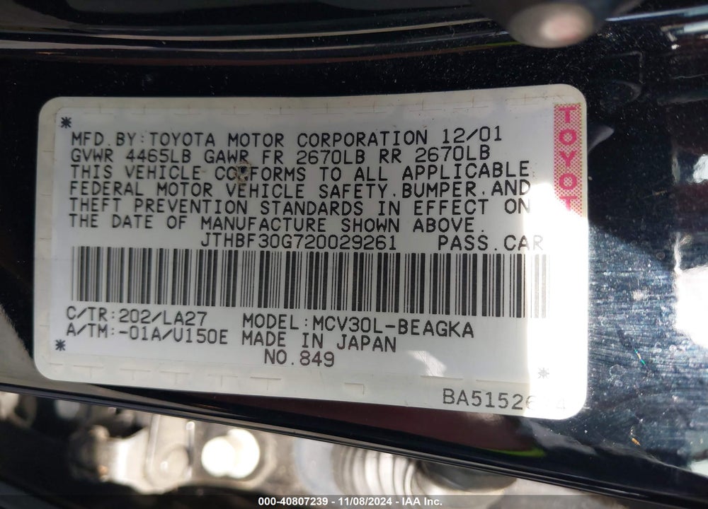 2002 LEXUS ES 300 VIN: JTHBF30G720029261