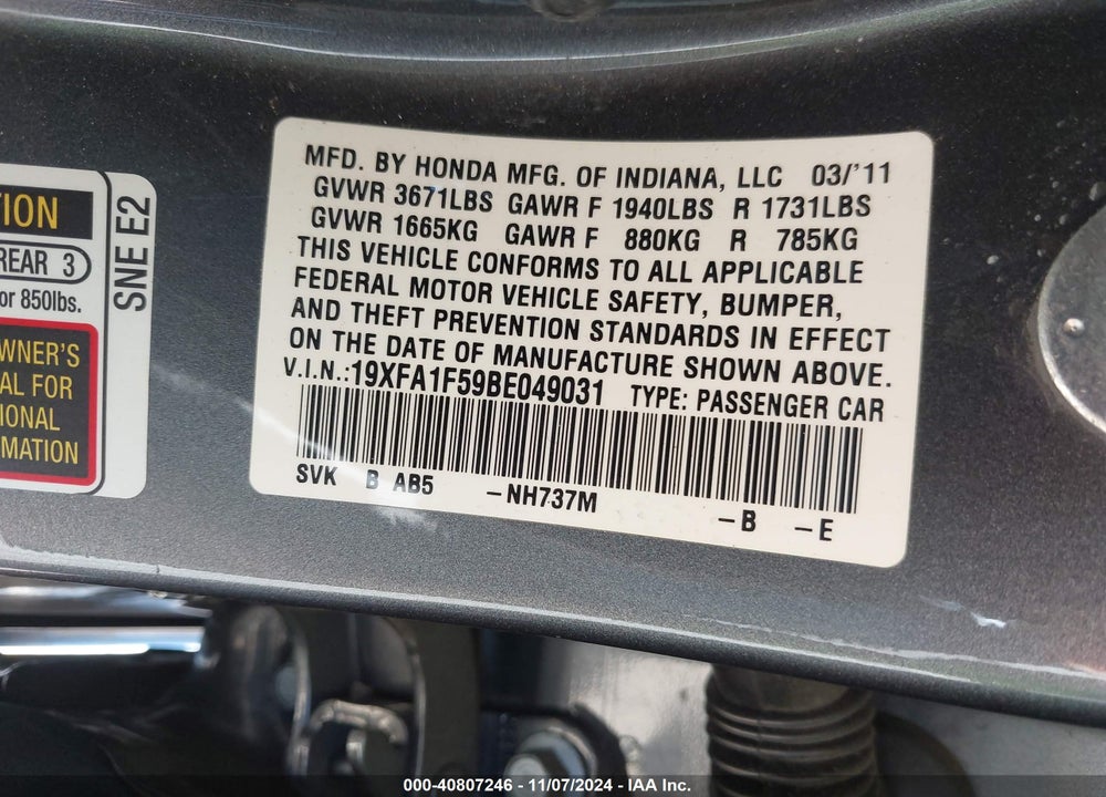 2011 HONDA CIVIC LX VIN: 19XFA1F59BE049031