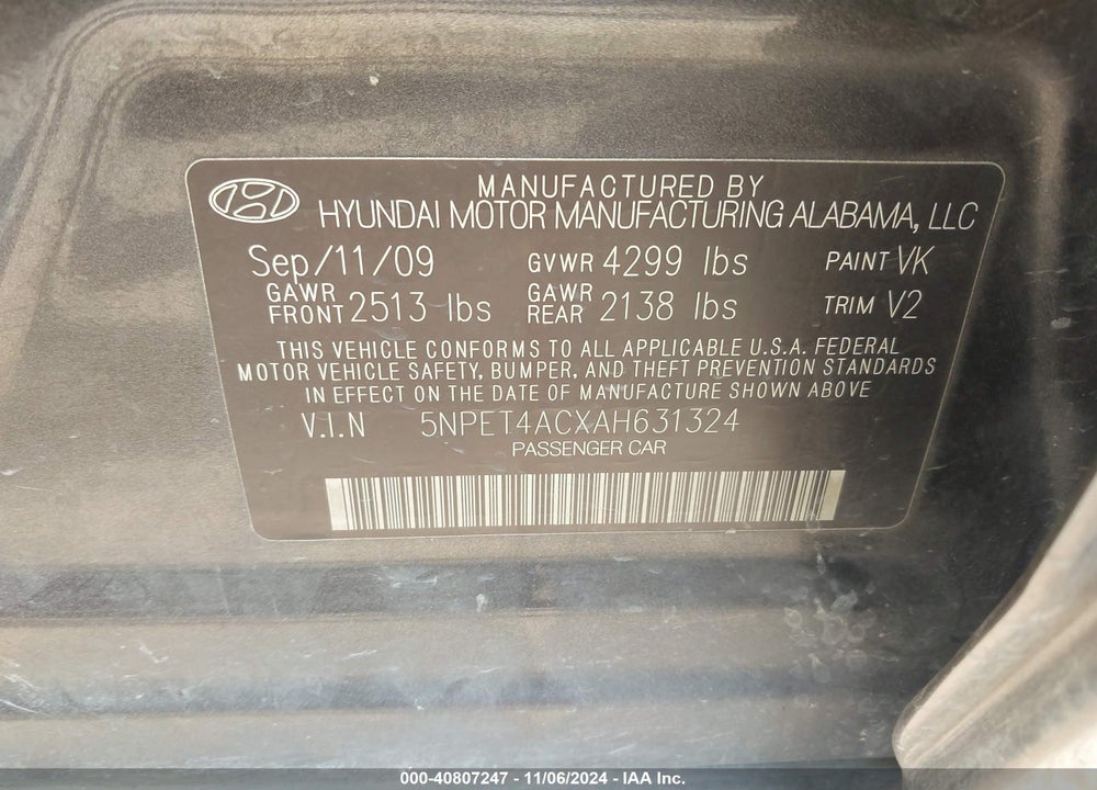 2010 HYUNDAI SONATA GLS VIN: 5NPET4ACXAH631324