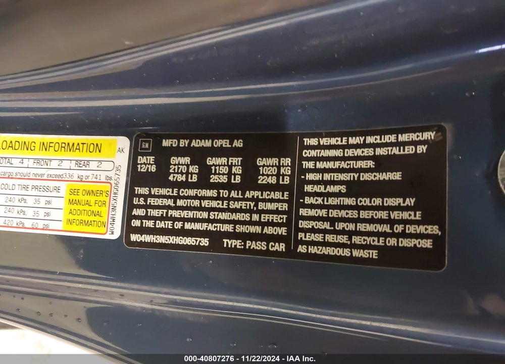 2017 BUICK CASCADA PREMIUM VIN: W04WH3N5XHG065735