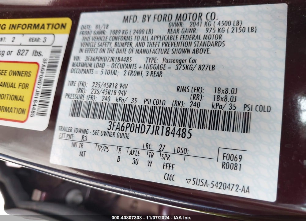2018 FORD FUSION SE VIN: 3FA6P0HD7JR184485