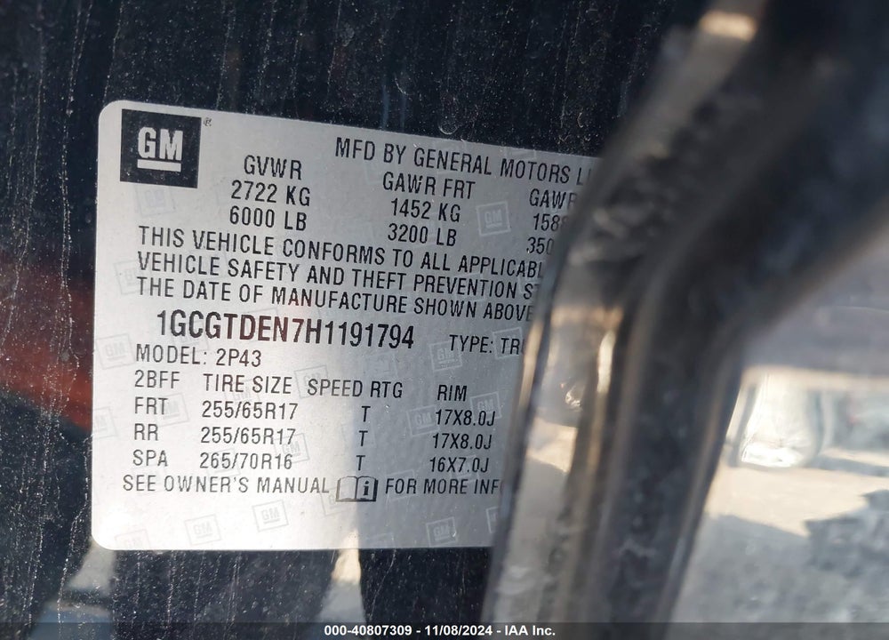 2017 CHEVROLET COLORADO Z71 VIN: 1GCGTDEN7H1191794