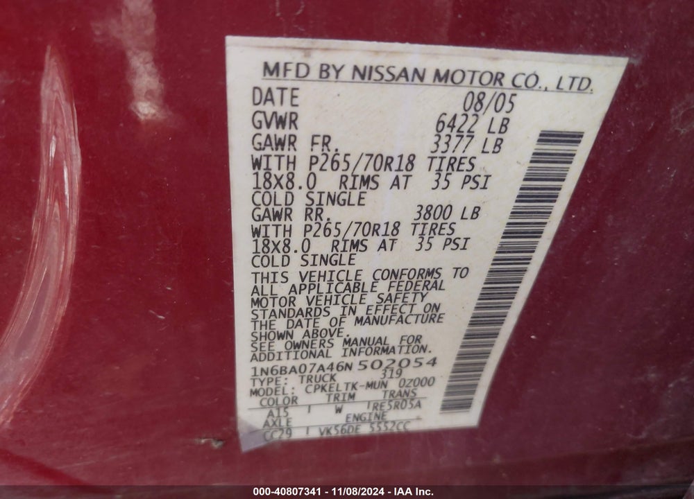 2006 NISSAN TITAN SE VIN: 1N6BA07A46N502054