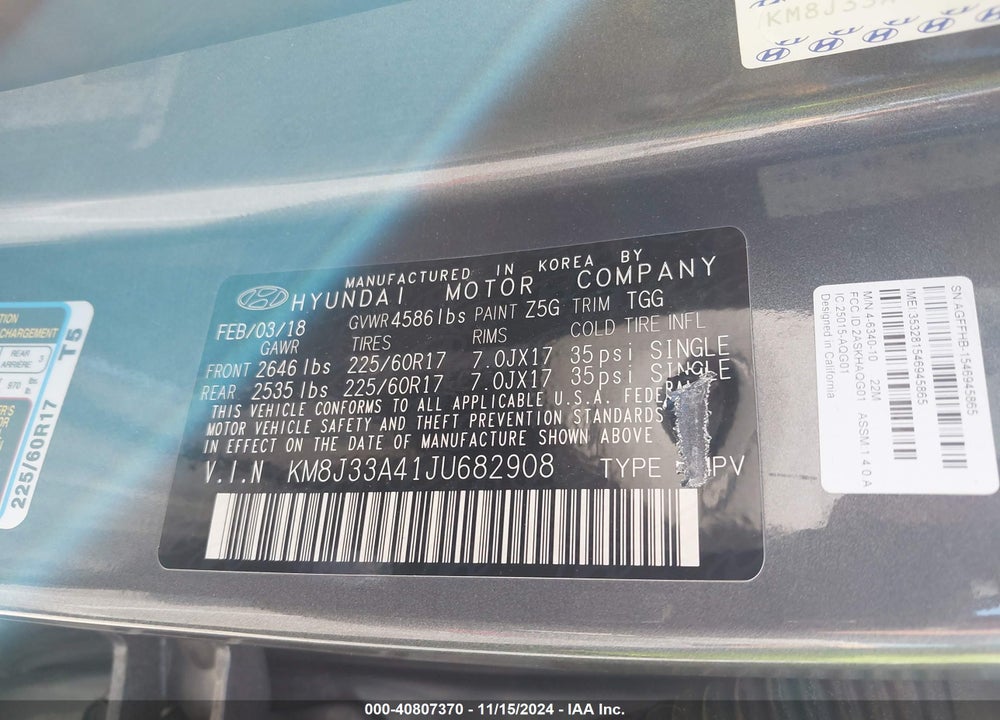 2018 HYUNDAI TUCSON SEL VIN: KM8J33A41JU682908
