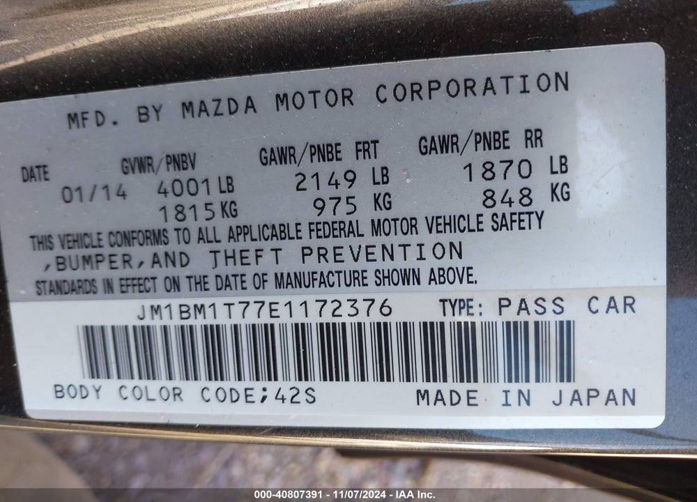 2014 MAZDA 3 I SV VIN: JM1BM1T77E1172376
