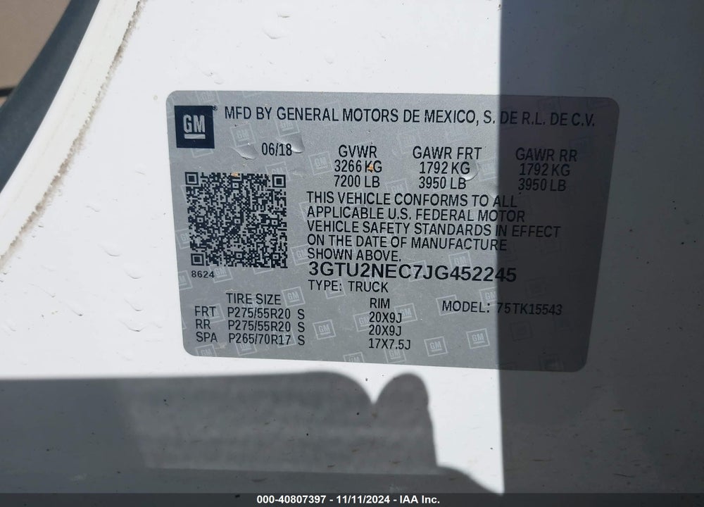 2018 GMC SIERRA 1500 SLT VIN: 3GTU2NEC7JG452245
