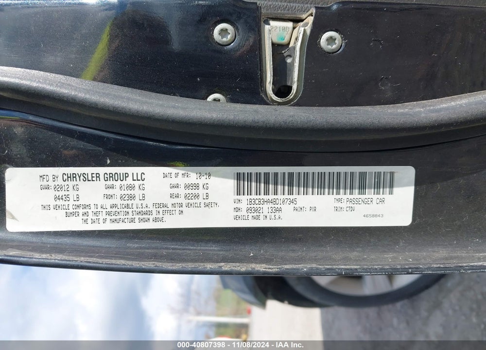 2011 DODGE CALIBER MAINSTREET VIN: 1B3CB3HA4BD107345