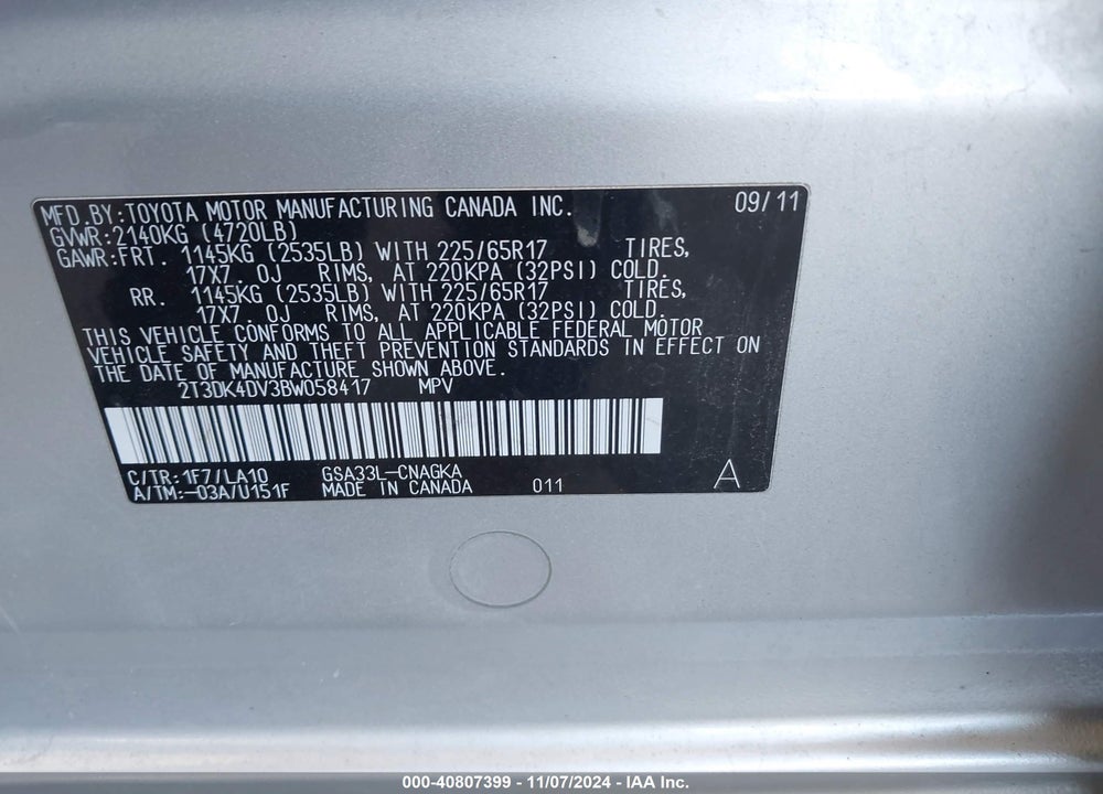 2011 TOYOTA RAV4 LIMITED VIN: 2T3DK4DV3BW058417