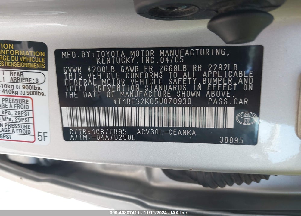 2005 TOYOTA CAMRY LE VIN: 4T1BE32K05U070930