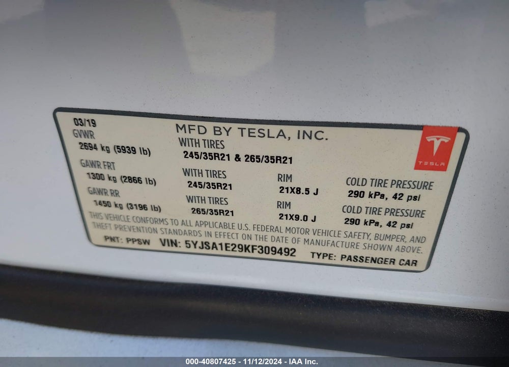 2019 TESLA MODEL S 100D/75D/LONG RANGE/STANDARD RANGE VIN: 5YJSA1E29KF309492