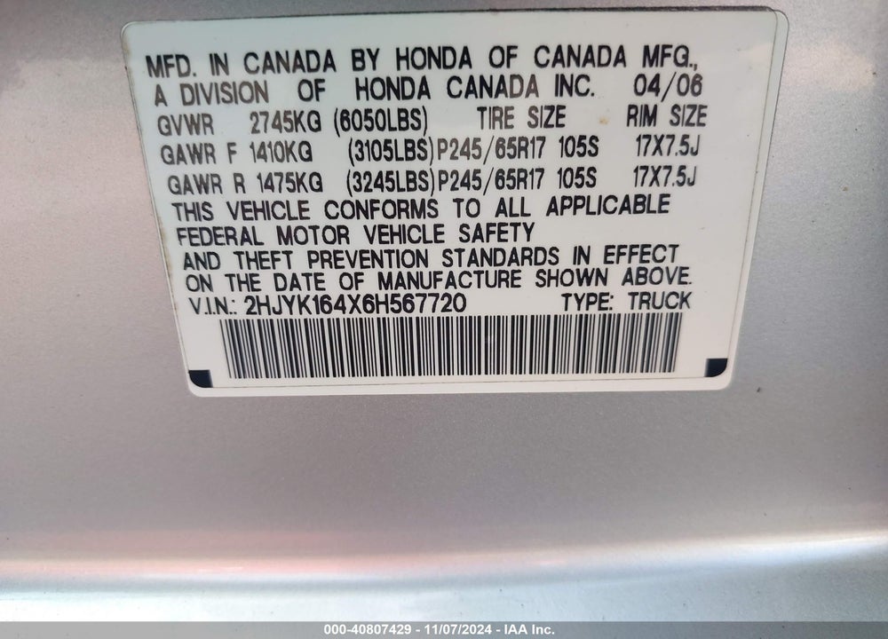 2006 HONDA RIDGELINE RTS VIN: 2HJYK164X6H567720