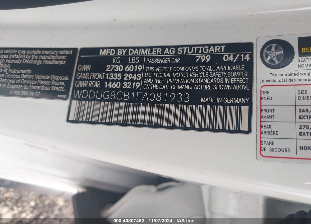 2015 MERCEDES-BENZ S 550 VIN: WDDUG8CB1FA081933