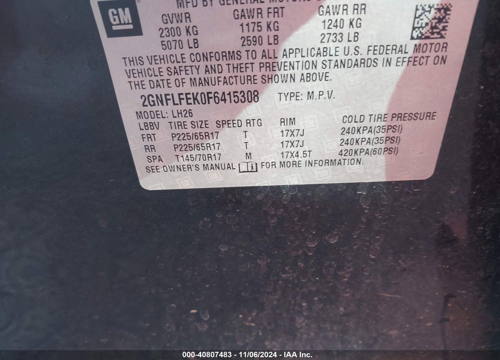2015 CHEVROLET EQUINOX 1LT VIN: 2GNFLFEK0F6415308