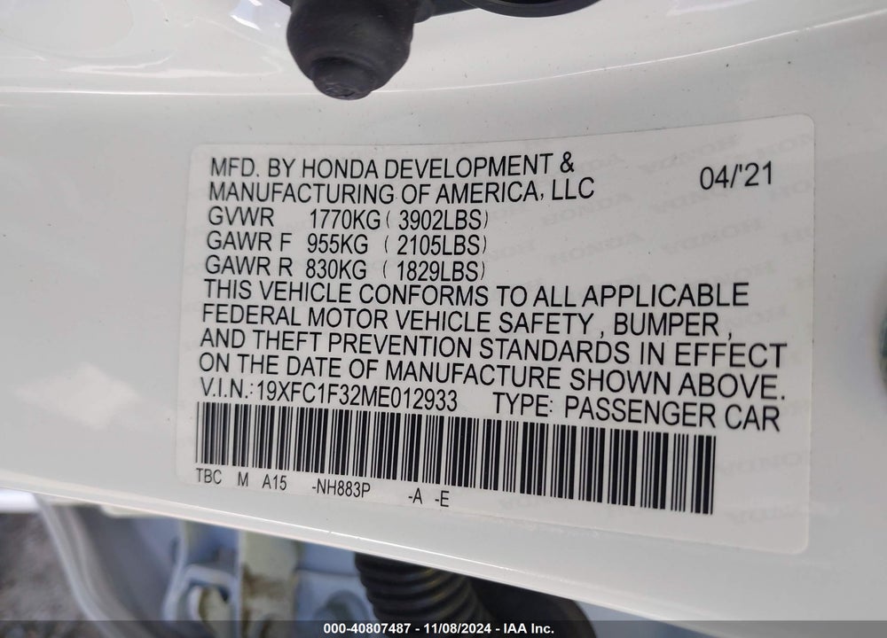 2021 HONDA CIVIC EX VIN: 19XFC1F32ME012933