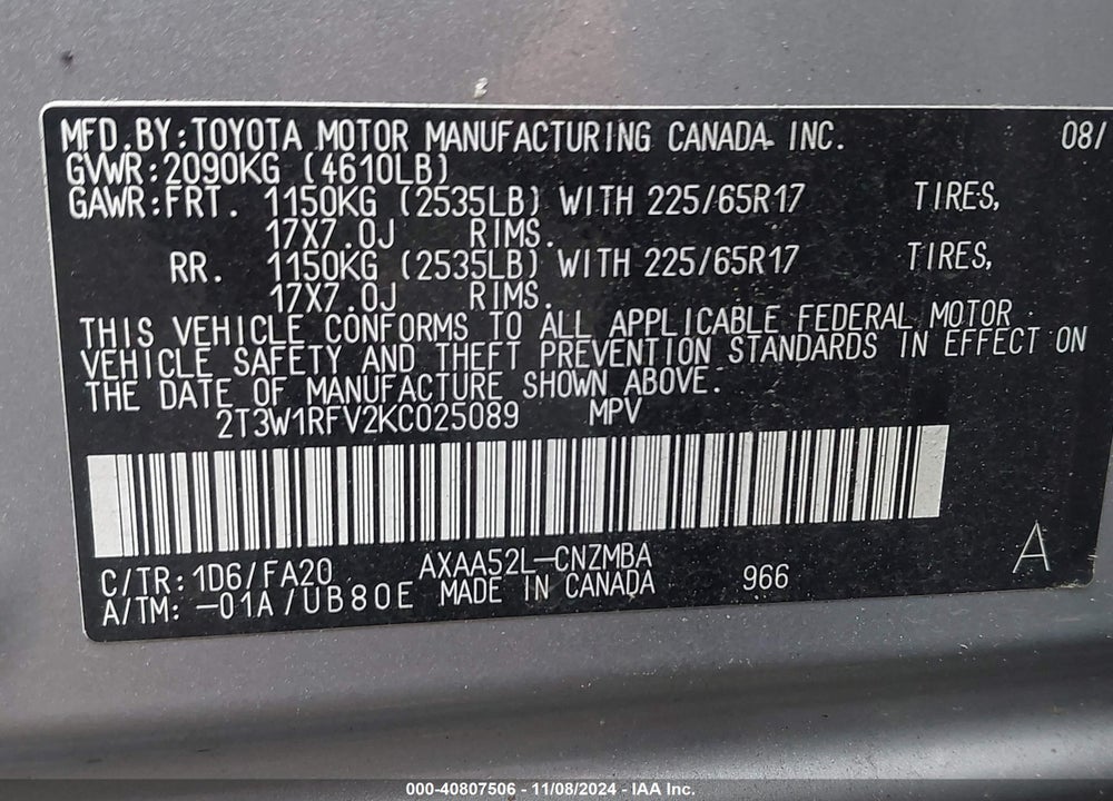 2019 TOYOTA RAV4 VIN: 2T3W1RFV2KC025089