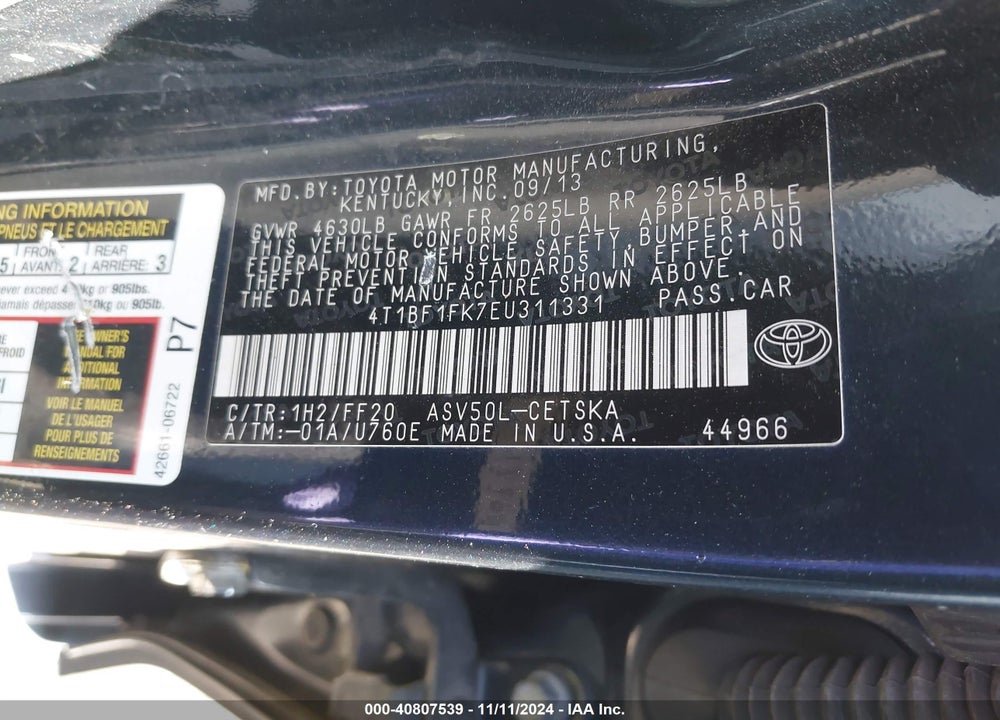 2014 TOYOTA CAMRY SE VIN: 4T1BF1FK7EU311331