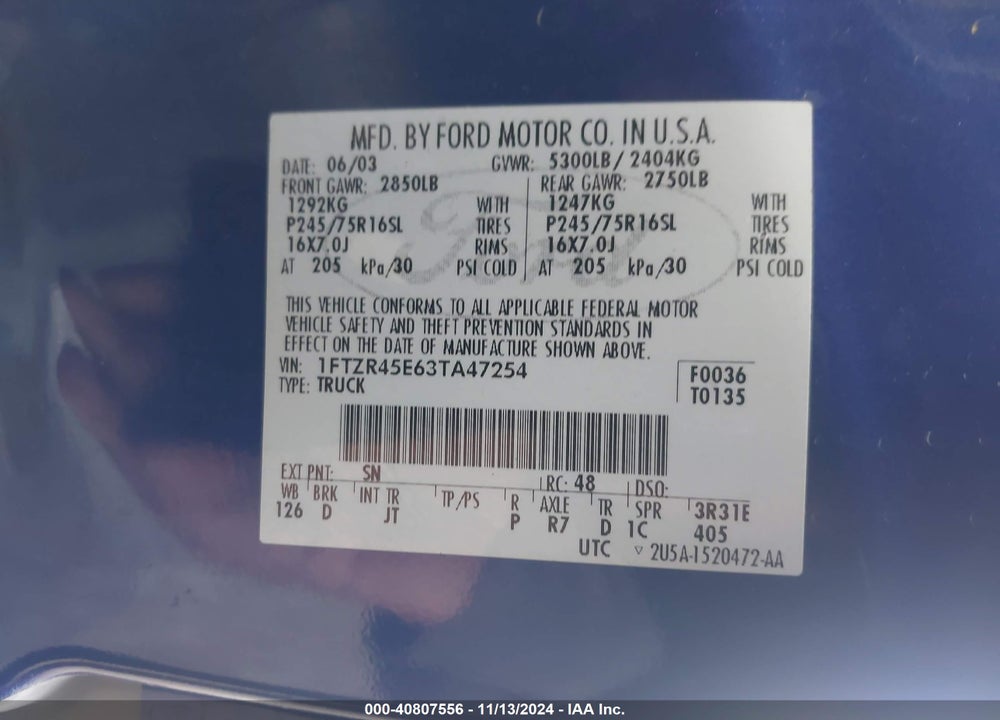 2003 FORD RANGER EDGE/XLT VIN: 1FTZR45E63TA47254