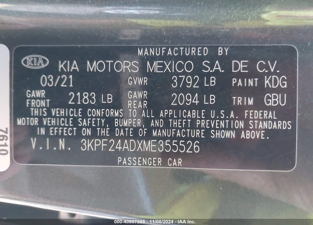 2021 KIA FORTE LXS VIN: 3KPF24ADXME355526