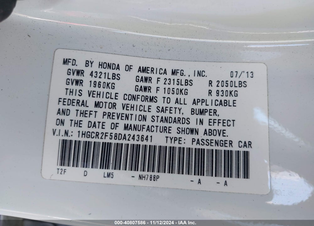 2013 HONDA ACCORD SPORT VIN: 1HGCR2F58DA243641