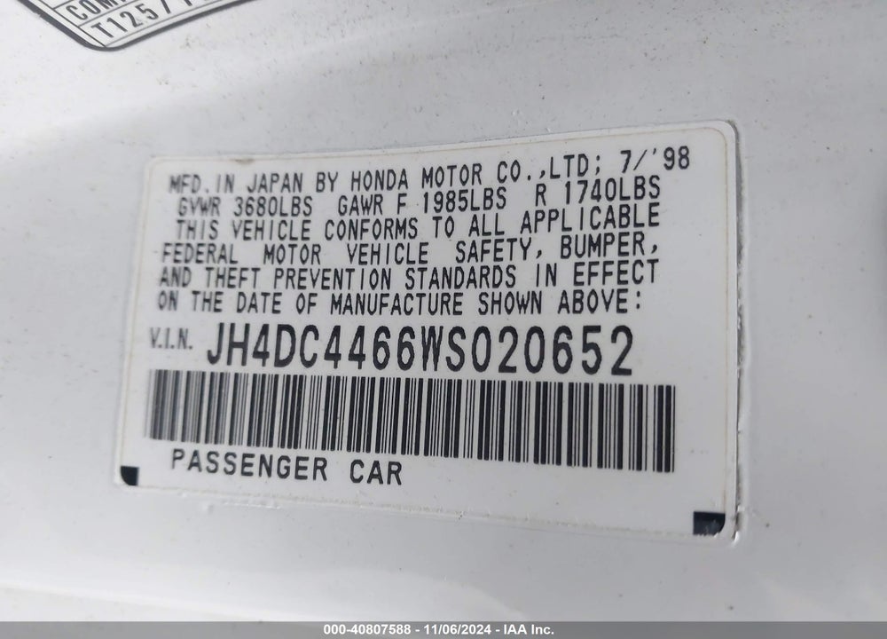 1998 ACURA INTEGRA GS VIN: JH4DC4466WS020652