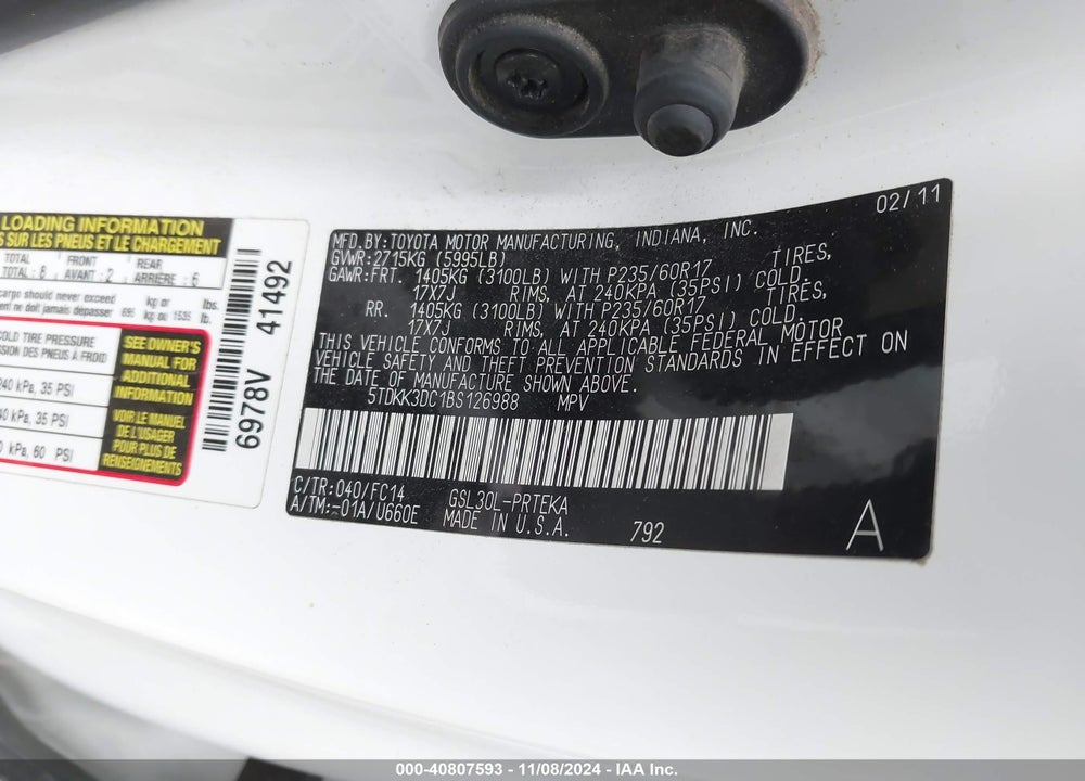 2011 TOYOTA SIENNA LE V6 VIN: 5TDKK3DC1BS126988