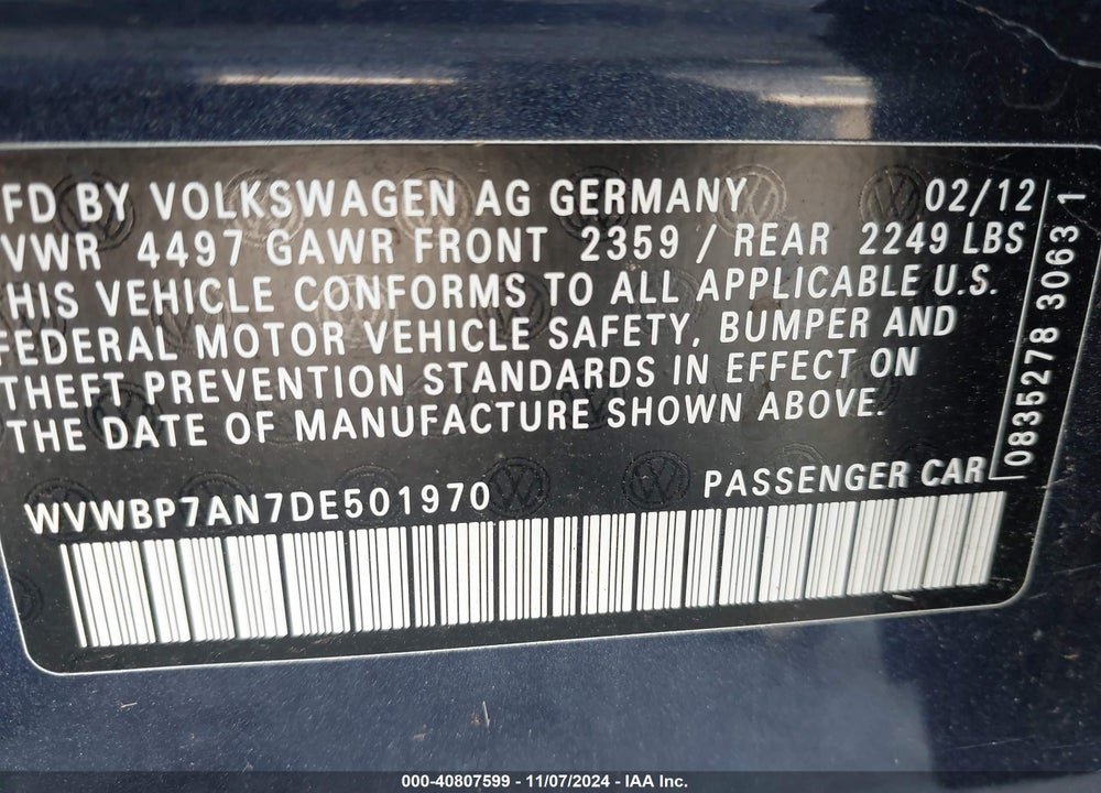 2013 VOLKSWAGEN CC 2.0T SPORT PLUS VIN: WVWBP7AN7DE501970