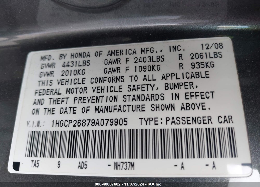 2009 HONDA ACCORD 2.4 EX-L VIN: 1HGCP26879A079905
