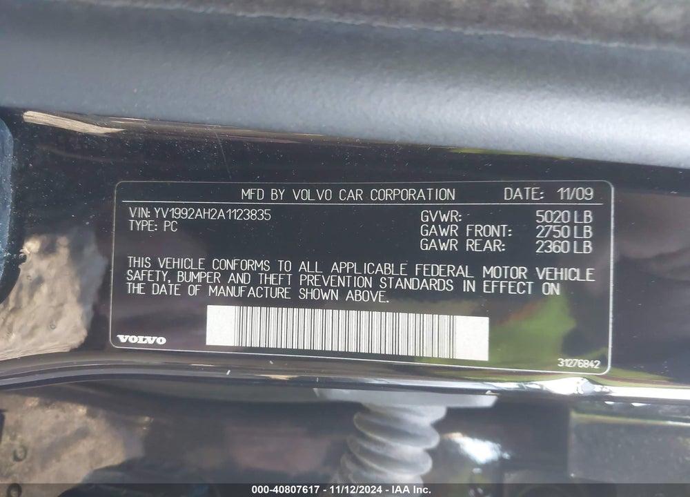 2010 VOLVO S80 T6 VIN: YV1992AH2A1123835