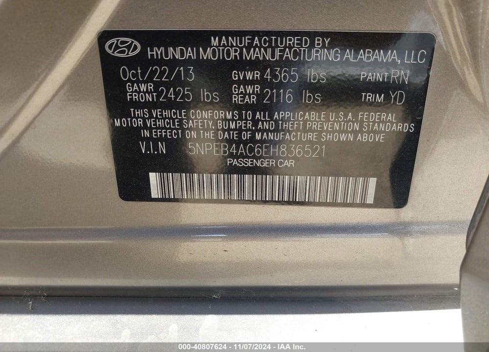 2014 HYUNDAI SONATA GLS VIN: 5NPEB4AC6EH836521