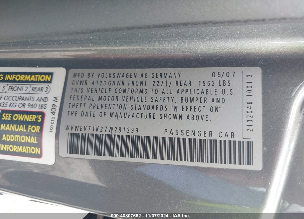 2007 VOLKSWAGEN GTI 2-DOOR VIN: WVWEV71K27W281399