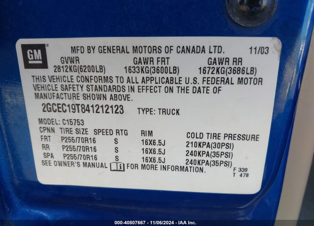 2004 CHEVROLET SILVERADO 1500 LS VIN: 2GCEC19T841212123