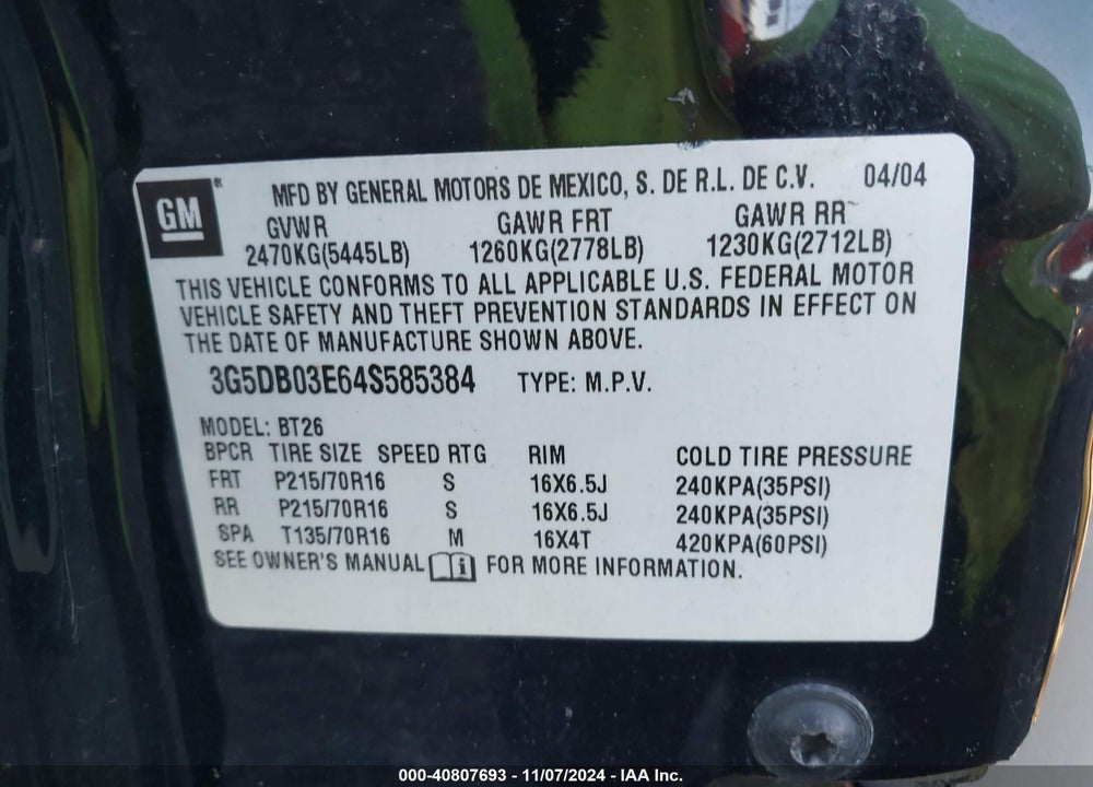 2004 BUICK RENDEZVOUS CX VIN: 3G5DB03E64S585384