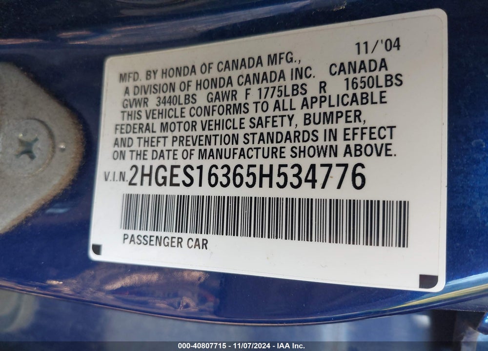 2005 HONDA CIVIC VP VIN: 2HGES16365H534776