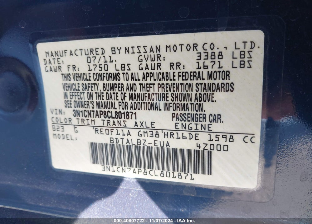 2012 NISSAN VERSA 1.6 SV VIN: 3N1CN7AP8CL801871
