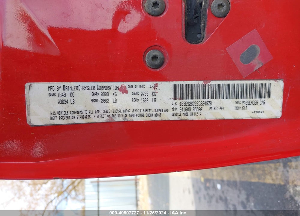 2003 DODGE NEON SE VIN: 1B3ES26C23D224978