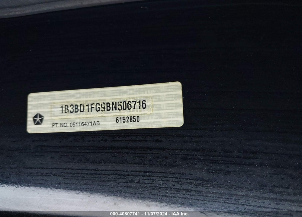 2011 DODGE AVENGER MAINSTREET VIN: 1B3BD1FG9BN506716