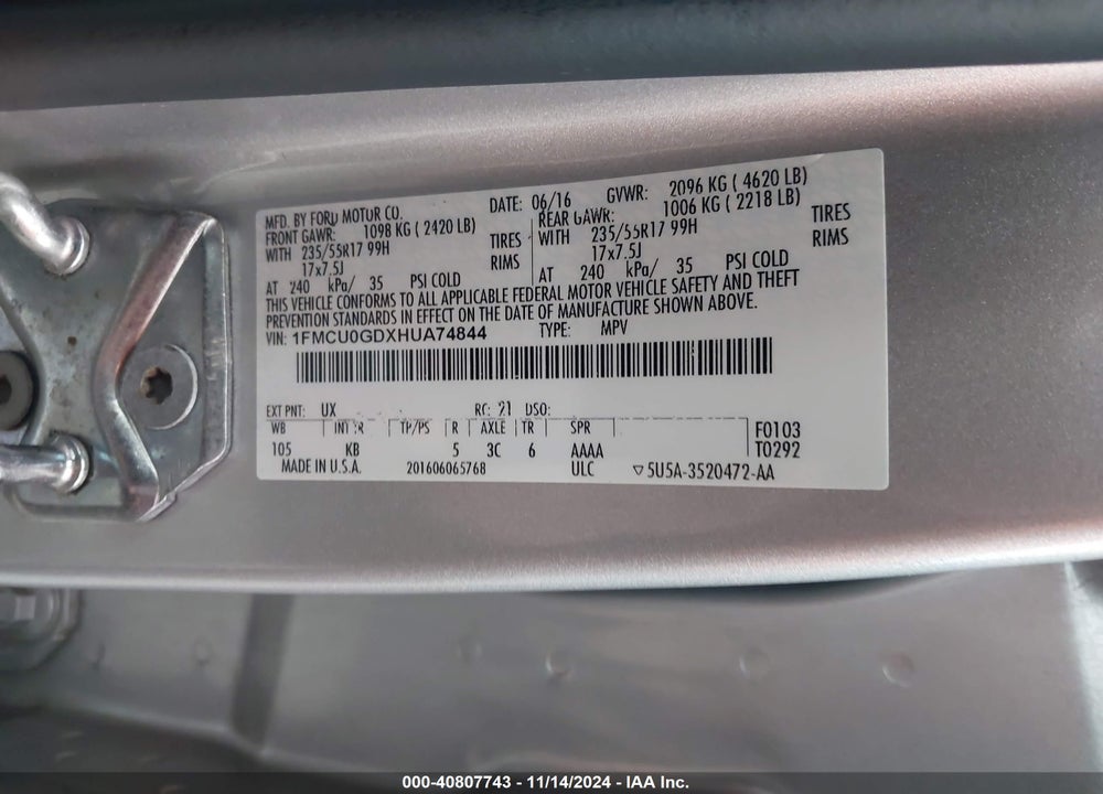 2017 FORD ESCAPE SE VIN: 1FMCU0GDXHUA74844
