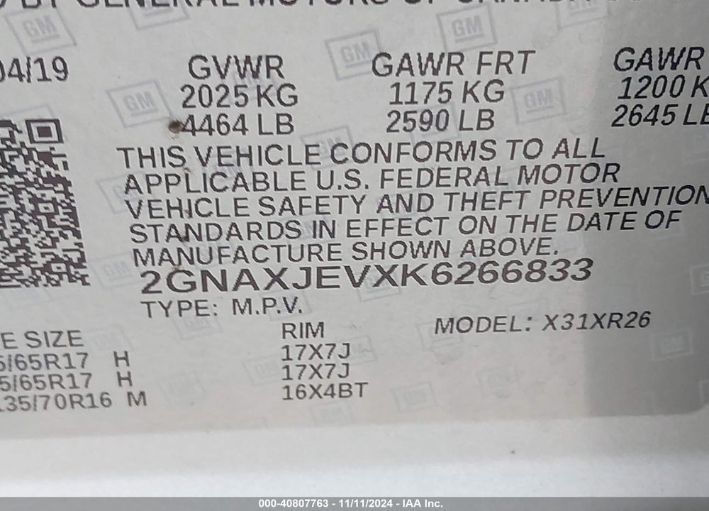 2019 CHEVROLET EQUINOX LT VIN: 2GNAXJEVXK6266833