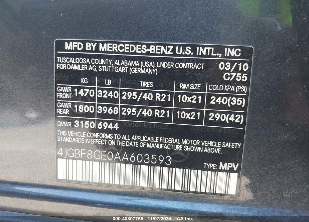 2010 MERCEDES-BENZ GL 550 4MATIC VIN: 4JGBF8GE0AA603593