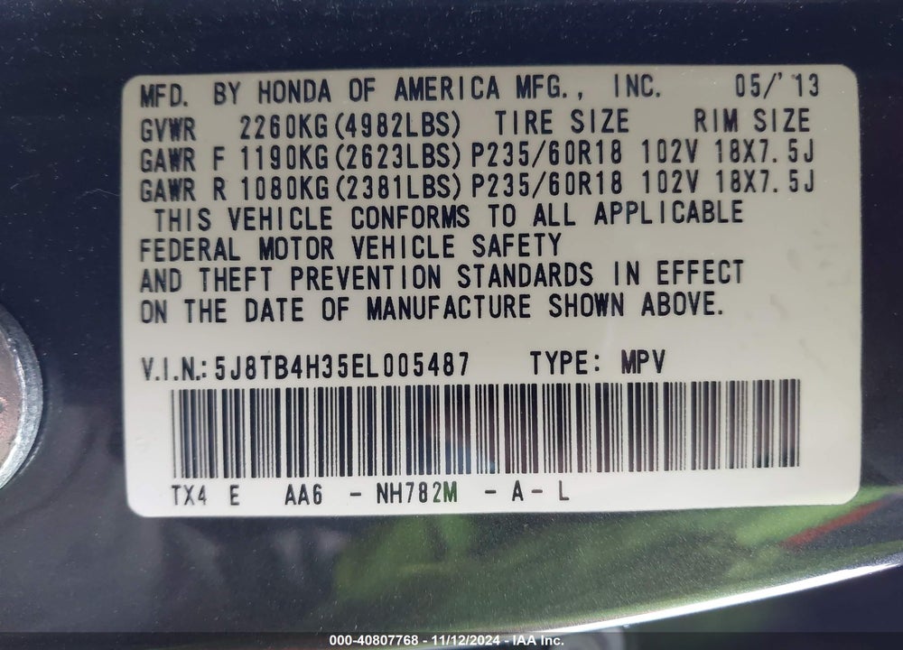 2014 ACURA RDX VIN: 5J8TB4H35EL005487