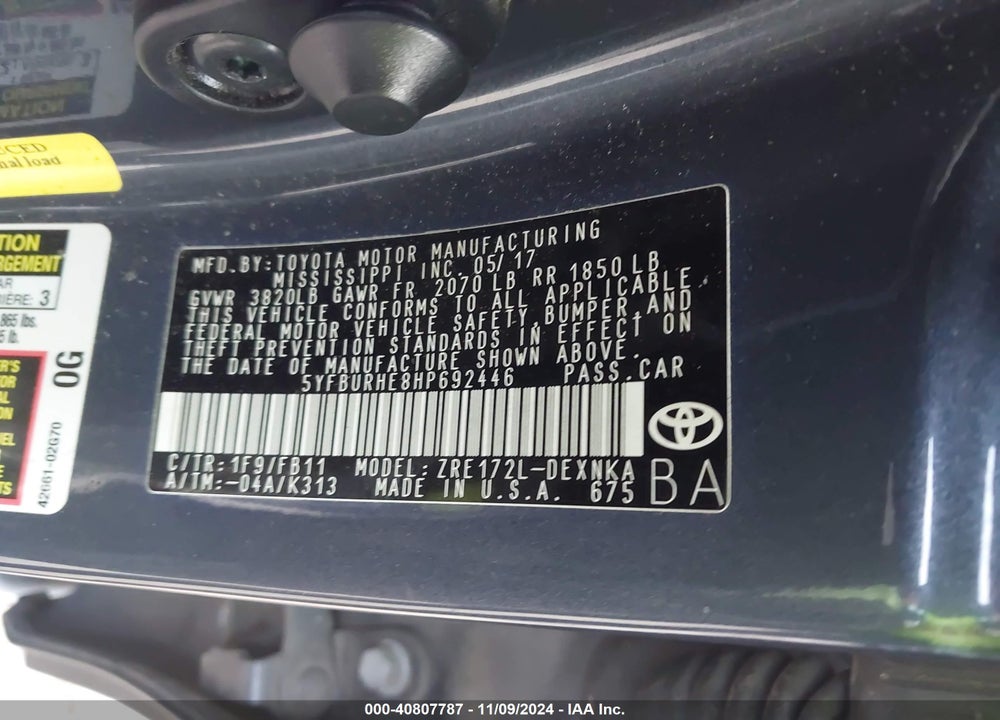 2017 TOYOTA COROLLA LE VIN: 5YFBURHE8HP692446