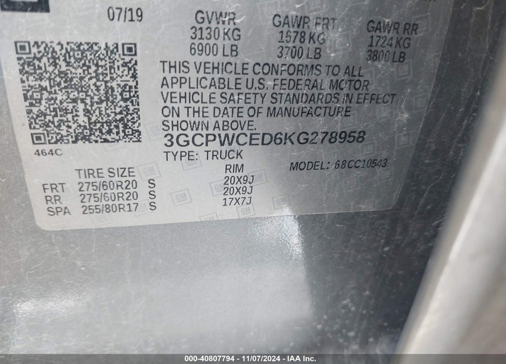 2019 CHEVROLET SILVERADO VIN: 3GCPWCED6KG278958