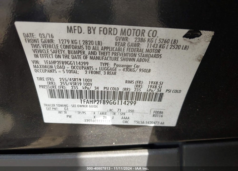 2016 FORD TAURUS LIMITED VIN: 1FAHP2F89GG114299