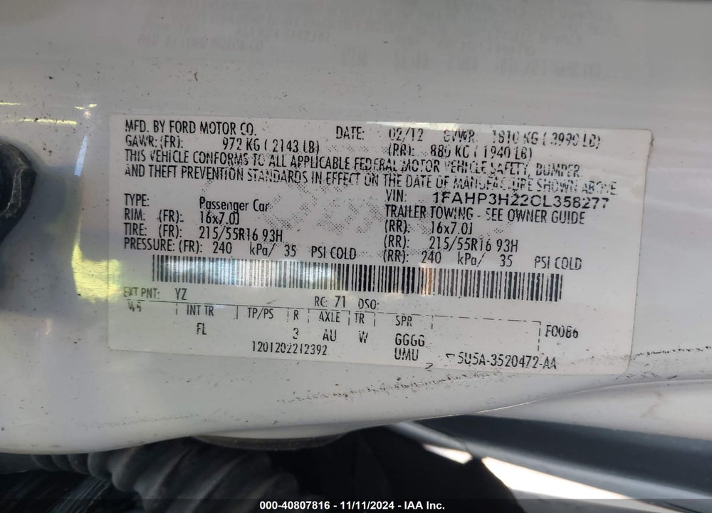 2012 FORD FOCUS SEL VIN: 1FAHP3H22CL358277